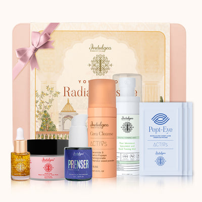 Festive Glow Up Essentials Combo (Rose Gold Oil 6ml + Mini Prenser 20ml + Cera Cleanse 50ml + Pore Minimizer Toner 60ml + 3 Pept Eye Patches + Poreless Face Pack)