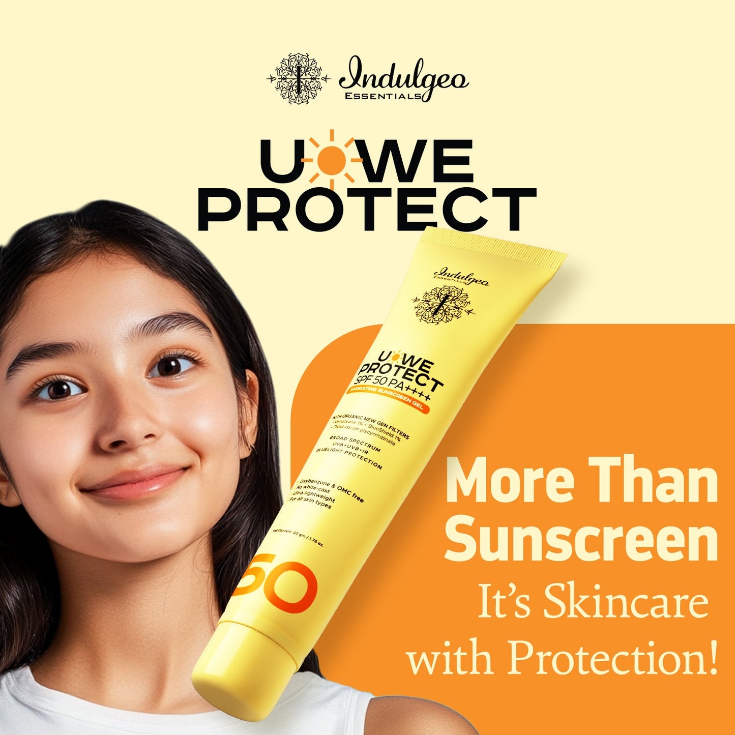 U-We Protect Ultra Light Broad Spectrum OMC Free Sunscreen Gel with New Gen Korean UV Filters - SPF 50 PA++++