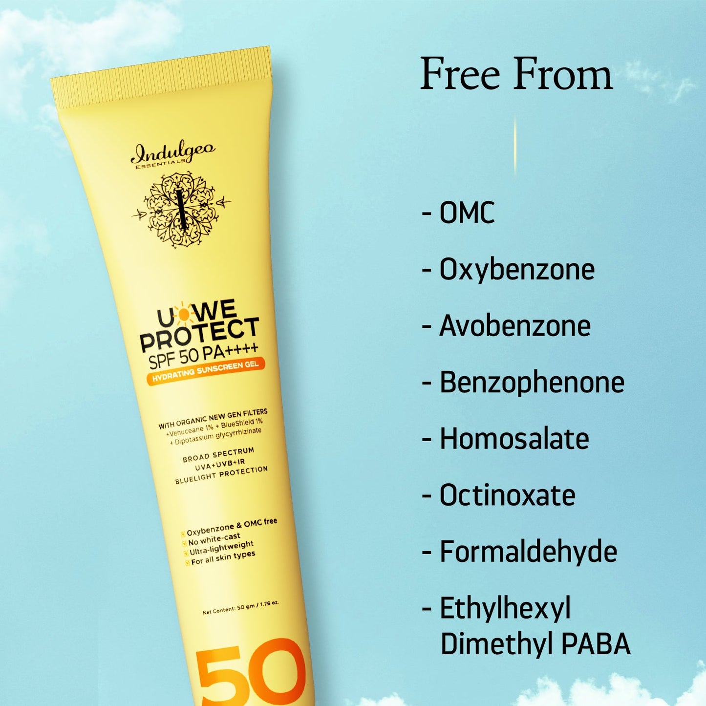 U-We Protect Ultra Light Broad Spectrum OMC Free Sunscreen Gel with New Gen Korean UV Filters - SPF 50 PA++++