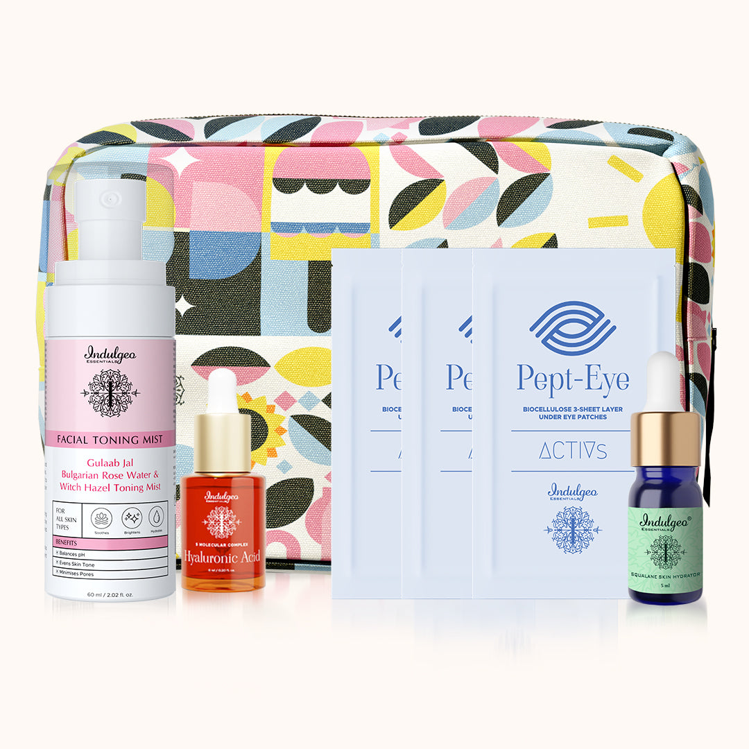 Hydration Kit - MINIS (3 Pept Eye Patches + Hyaluronic Acid 6ml + Squalane Skin Hydrator 5ml + Gulaab Jal Toner + Canvas Pouch)