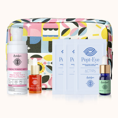 Hydration Kit - MINIS (3 Pept Eye Patches + Hyaluronic Acid 6ml + Squalane Skin Hydrator 5ml + Gulaab Jal Toner + Canvas Pouch)