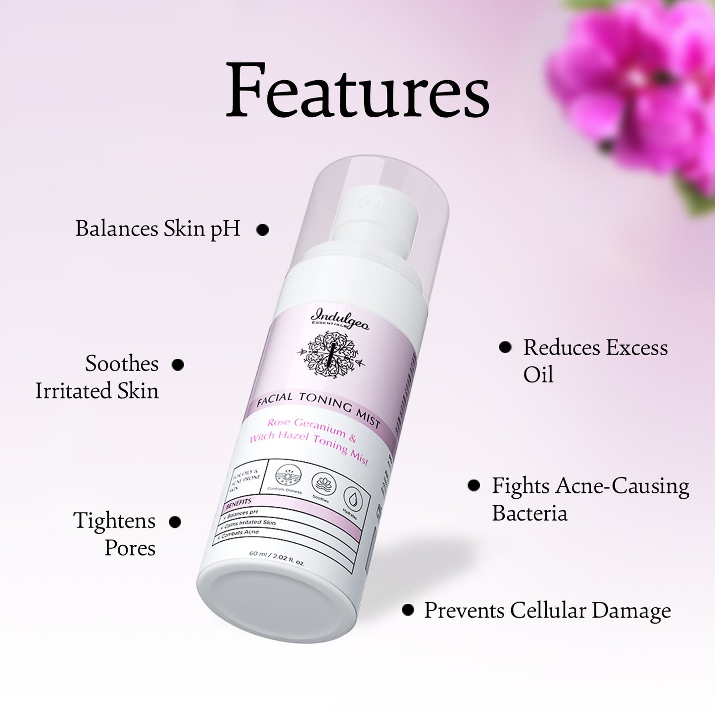 Rose Geranium Witch Hazel Facial Toning Mist For Oily Acne Prone Skin (60ml)
