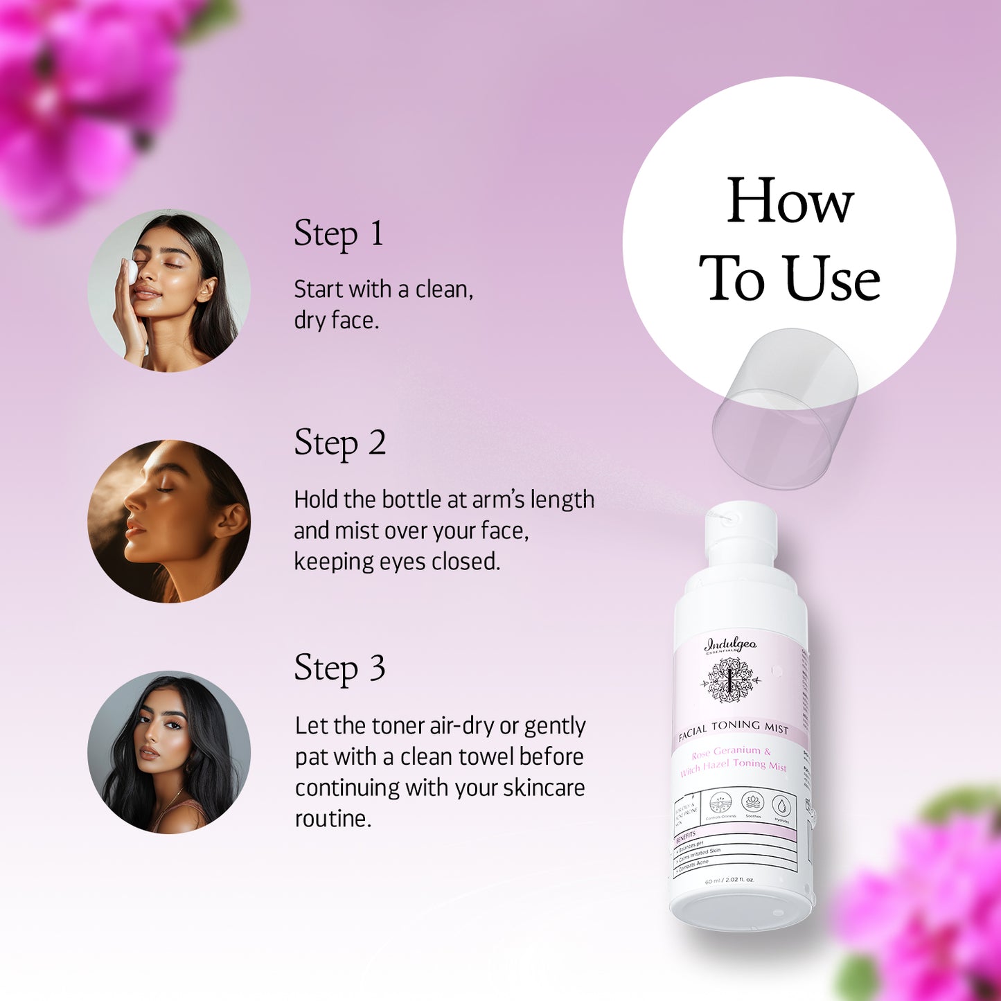 Rose Geranium Witch Hazel Facial Toning Mist For Oily Acne Prone Skin (60ml)