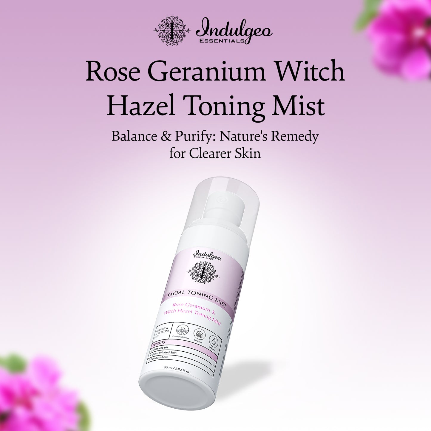 Rose Geranium Witch Hazel Facial Toning Mist For Oily Acne Prone Skin (60ml)