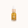 Clear glass bottle of Indulgeo Essentials Rose Gold Oil with 24k gold flakes and dropper with gold collar, 15ml size, front view.Best 24k gold facial oil for glowing skin India, Indulgeo Essentials rose gold oil bestseller Nykaa, natural glowing face oil serum before makeup, gold flake face oil for radiant skin, chehre par glow lane wala gold oil, Indulgeo rose gold elixir 15ml, moisturizing facial oil for dry skin glow.
