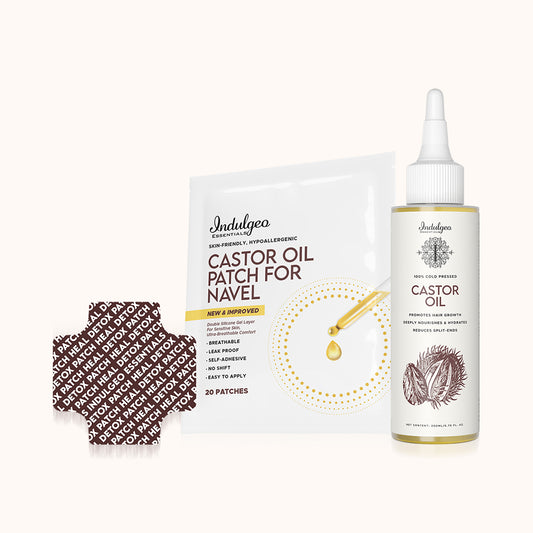 Indulgeo Essentials 100% cold pressed castor oil 200ml bottle with 20 skin-friendly castor oil navel patches pack. Indulgeo Essentials, Skin-Friendly, Hypoallergenic, Castor Oil Patch for Navel, New & Improved, Double Silicone Gel Layer for Sensitive Skin, Ultra-Breathable Comfort, Breathable, Leak Proof, Self-Adhesive, No Shift, Easy to Apply, 20 Patches, Indulgeo Essentials, 100% Cold Pressed, Castor Oil, Promotes Hair Growth, Deeply Nourishes & Hydrates, Reduces Split-Ends,