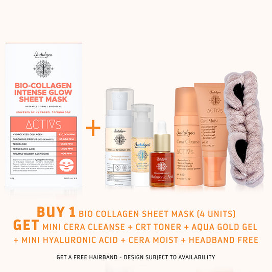 BUY Bio Collagen Sheet Mask 4 units : GET Mini Cera Cleanse, CRT Toner, Aqua Gold Gel, Mini Hyaluronic Acid, Cera Moist, Headband