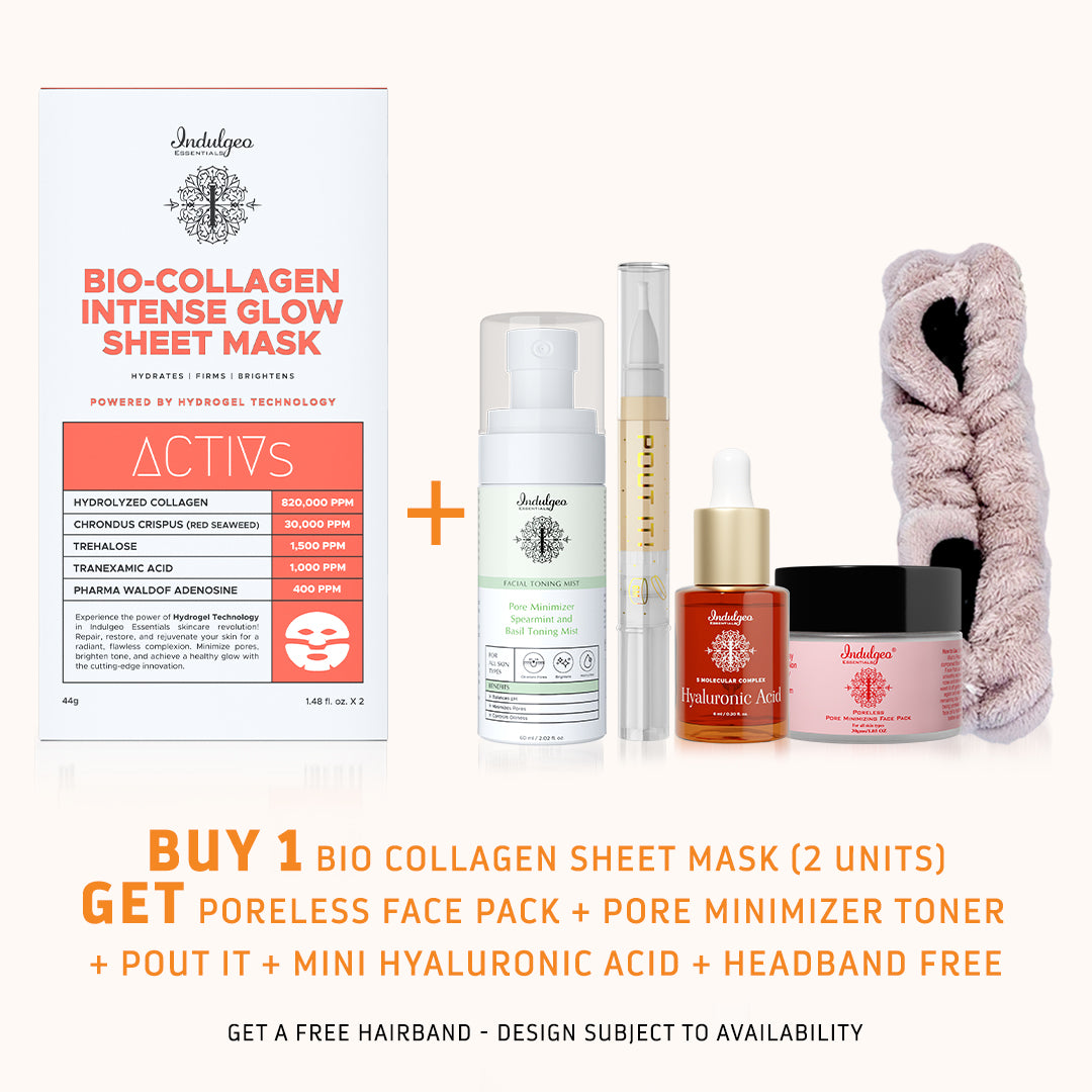 BUY Bio Collagen Sheet Mask 2 Units - GET Poreless Face Pack, Pore Minimizer Toner, Pout It, Mini Hyaluronic Acid, Headband