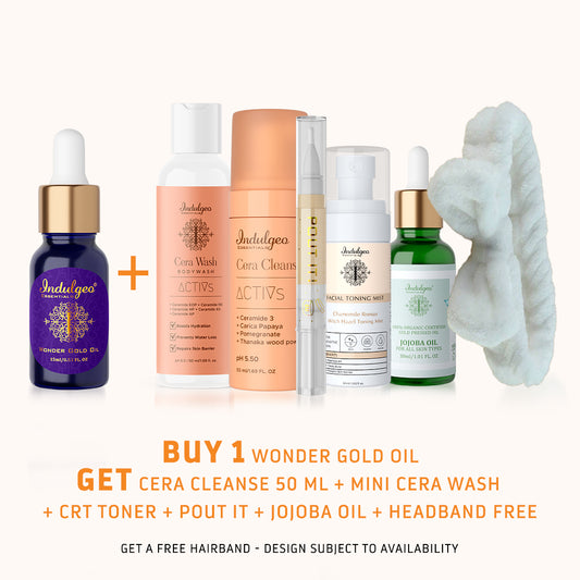 BUY Wonder Gold Oil : GET Cera Cleanse 50 ml + Mini Cera Wash + CRT Toner + Pout It + Jojoba Oil + Headband