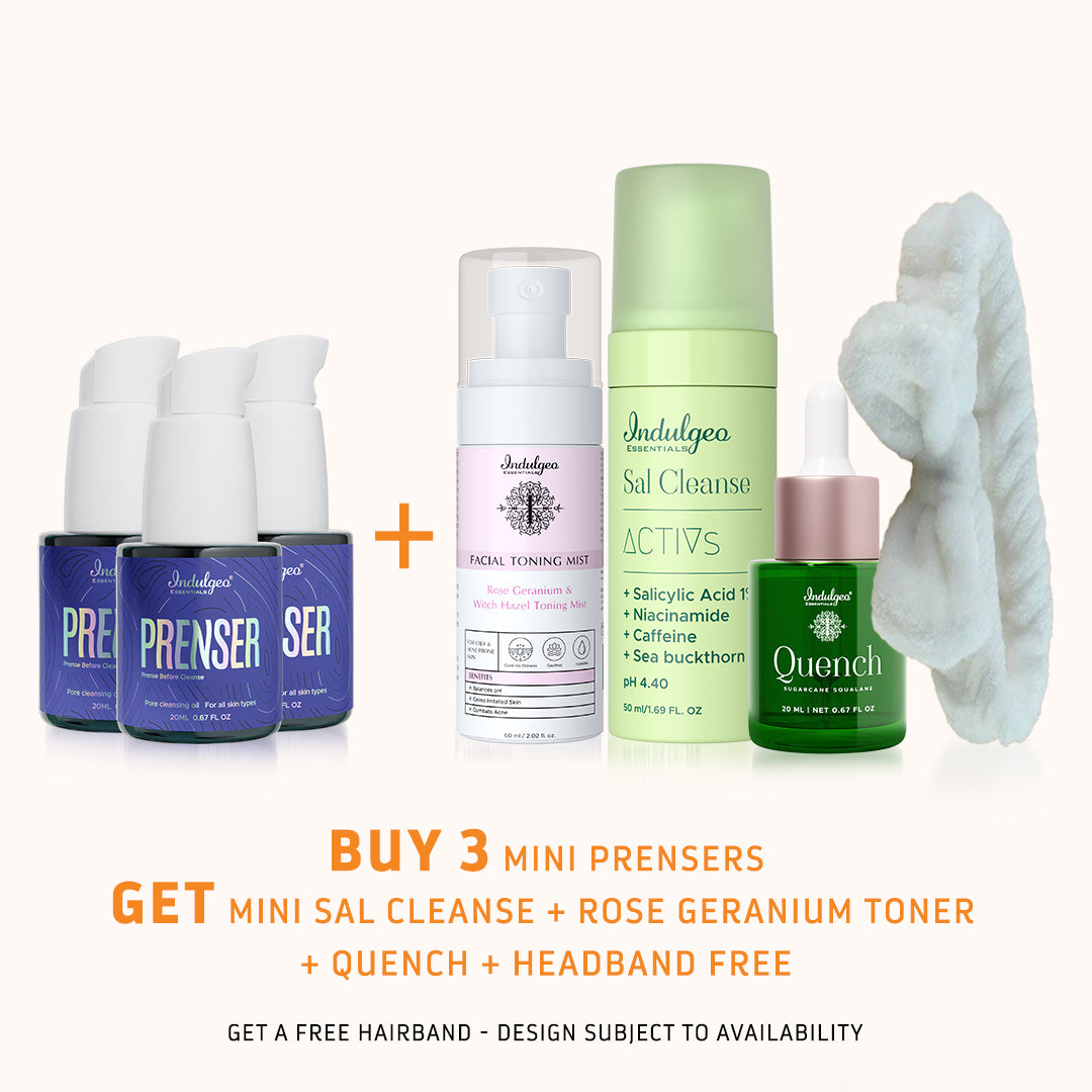 BUY 3 Mini Prensers : GET Mini Sal Cleanse 50 ml, Rose Geranium Toner, Quench, Headband