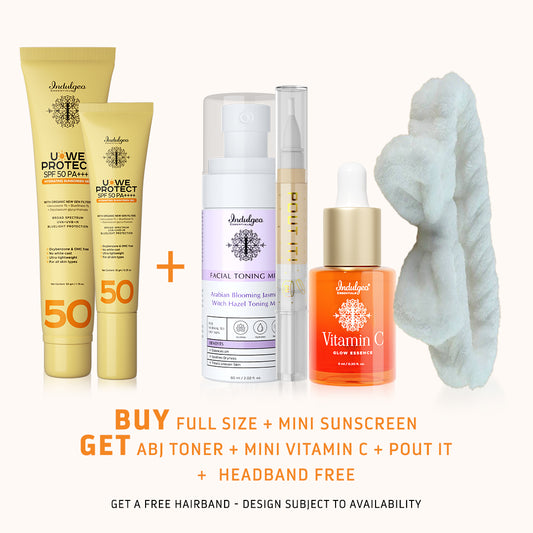 BUY Full Size & Mini Sunscreen : GET ABJ Toner, Mini Vitamin C, Pout It, Headband FREE