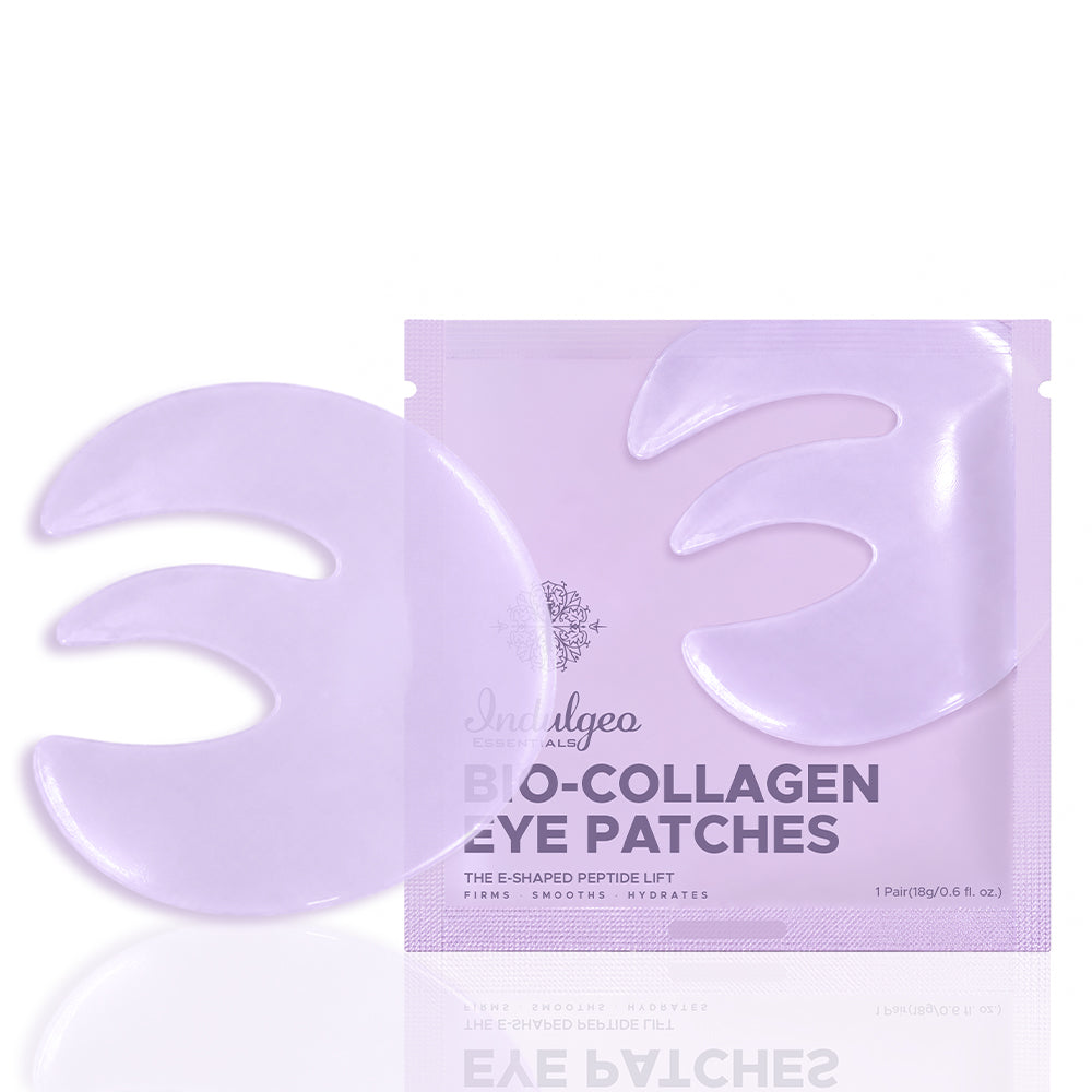 Bio-Collagen E-shaped peptide hydrogel eye patches in translucent lavender, shown with packaging front view
