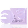 Bio-Collagen E-shaped peptide hydrogel eye patches in translucent lavender, shown with packaging front view