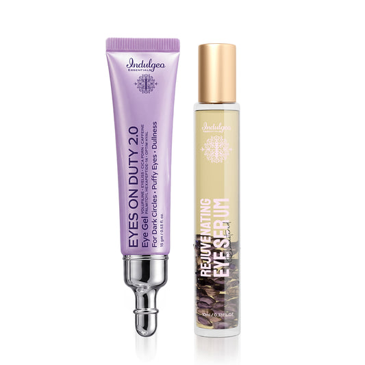 Indulgeo Essentials Eyes On Duty 2.0 purple eye gel tube and Rejuvenating Eye Serum clear bottle with gold cap, front view. best under eye serum for dark circles India, Indulgeo Essentials eyes on duty 2.0 eye gel, caffeinated eye gel for puffy eyes, fine lines wrinkle removal eye serum, under eye roll on serum for dark circles, am pm eye care ritual set, dark circles aur eye bags hatane ka gel, volufiline cica pdrn under eye gel, Indulgeo rejuvenating eye serum 10ml, under eye gel with cooling applicator t