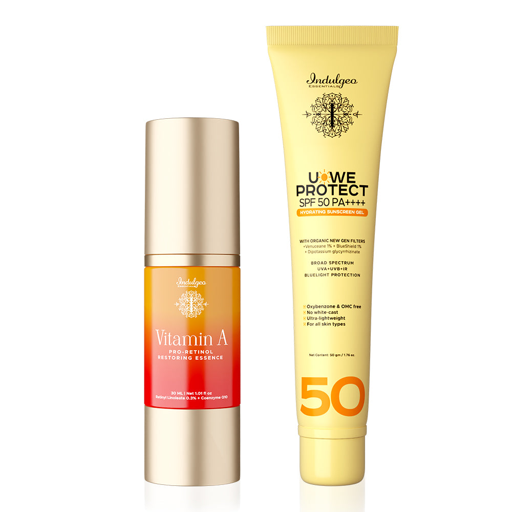 Vitamin A Pro-Retinol Restoring Essence bottle and U-We Protect SPF 50 PA++++ hydrating sunscreen gel tube side by side. skin renewal 3x protection sunscreen set India, pro-retinol restoring essence SPF 50 PA++++ duo, retinyl linoleate organic new gen filters sunscreen, broad spectrum bluelight IR protection hydrating sunscreen gel.  no white cast
