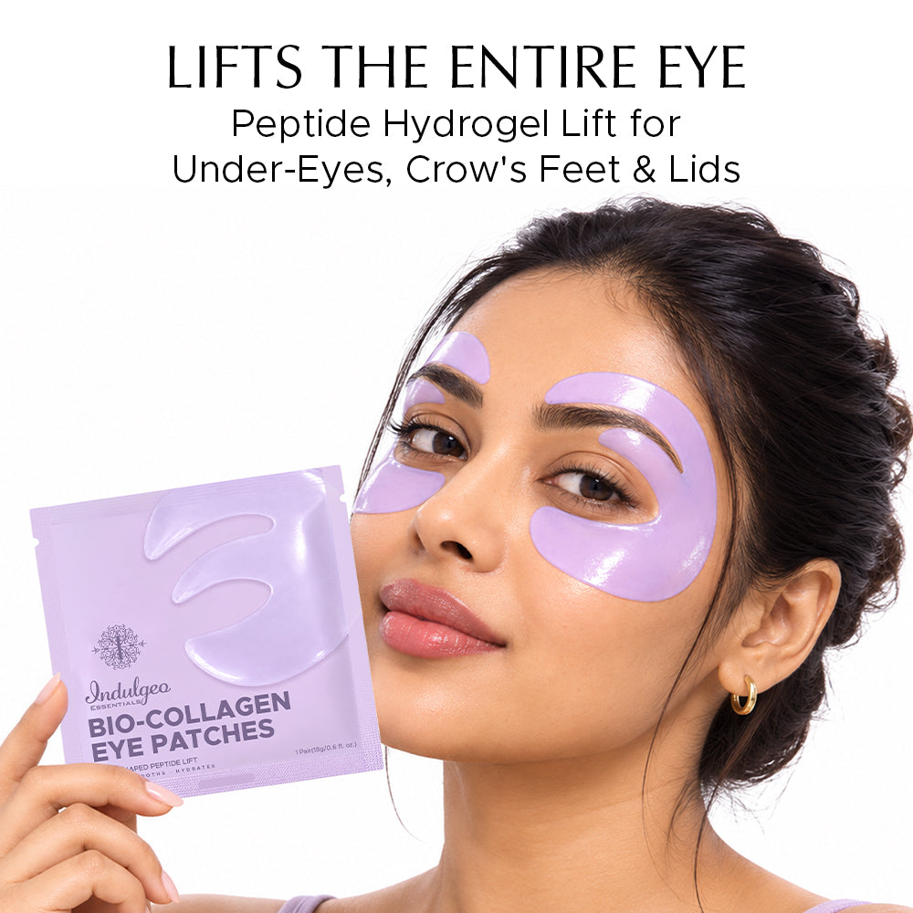 Woman wearing lavender bio-collagen E-shaped eye patches holding matching lavender product packet with text and logo visible