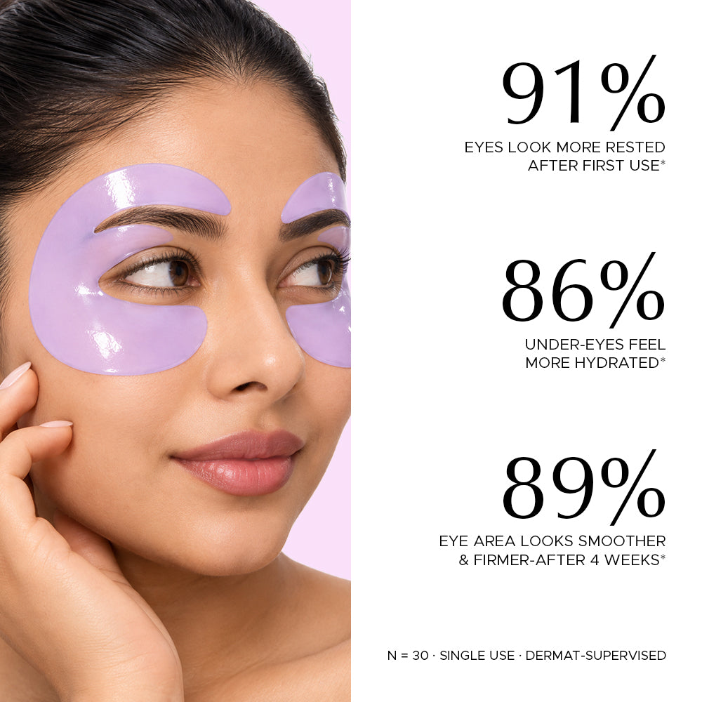 Woman wearing lavender bio collagen E-shaped hydrogel eye patches under eyes and on lids, side view with usage stats text