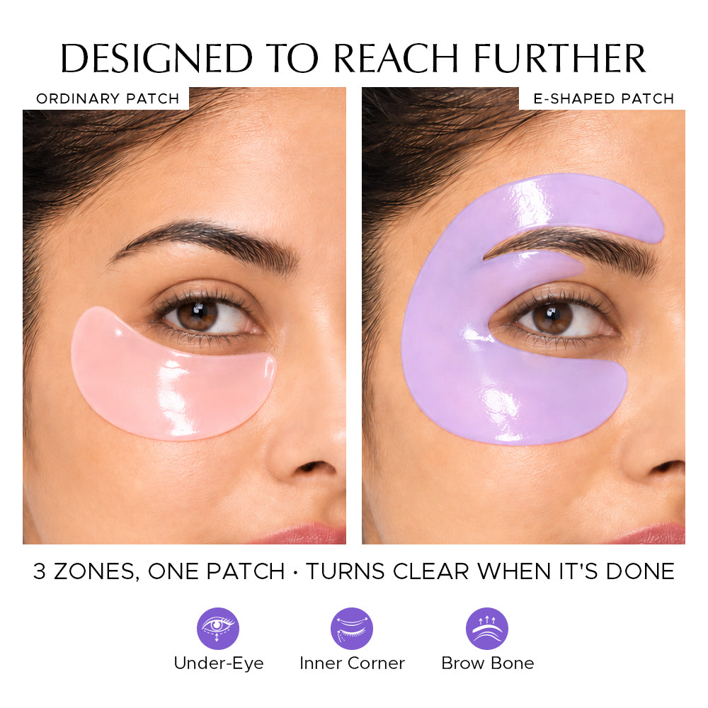 Bio collagen E-shaped purple hydrogel eye patch covering under-eye, inner corner, and brow bone on model's face