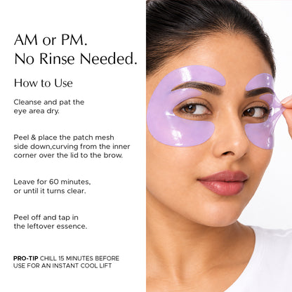 Woman wearing lavender bio collagen E-shaped hydrogel eye patches, peeling one off, with usage instructions beside her