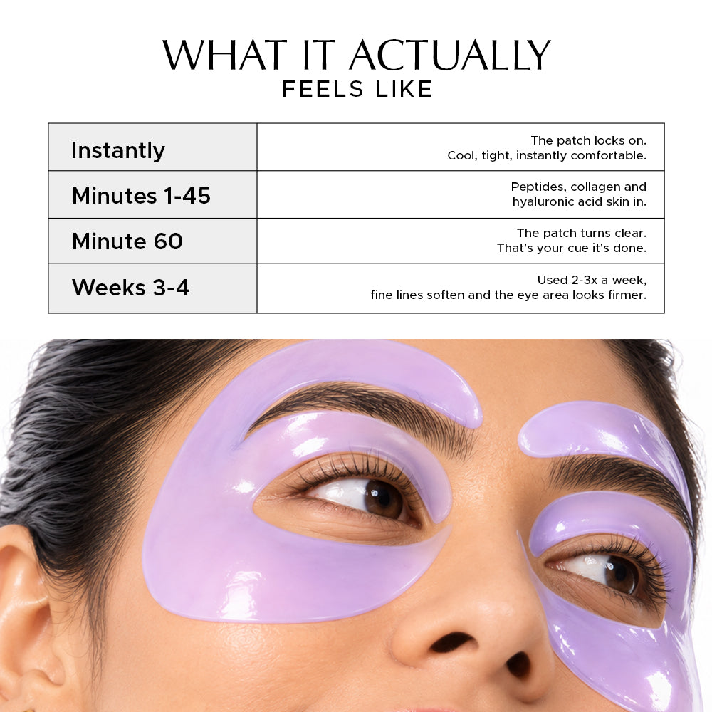 Bio Collagen E-shaped eye patches in purple peptide hydrogel shown on under-eyes and lids, front view on model