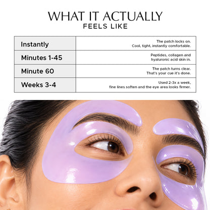 Bio Collagen E-shaped eye patches in purple peptide hydrogel shown on under-eyes and lids, front view on model