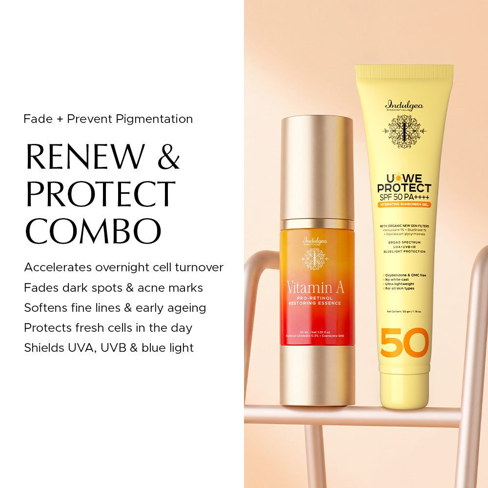Vitamin A Pro-Retinol restoring essence bottle and U-We Protect SPF 50 PA++++ hydrating sunscreen gel tube side by side. Fade + Prevent Pigmentation. Accelerates overnight cell turnover. Fades dark spots & acne marks. Softens fine lines & early ageing. Protects fresh cells in the day. Shields UVA, UVB & blue light.