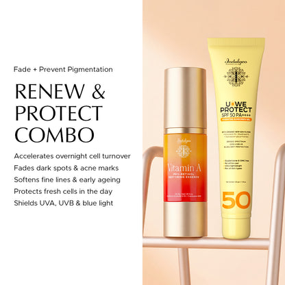 Vitamin A Pro-Retinol restoring essence bottle and U-We Protect SPF 50 PA++++ hydrating sunscreen gel tube side by side. Fade + Prevent Pigmentation. Accelerates overnight cell turnover. Fades dark spots & acne marks. Softens fine lines & early ageing. Protects fresh cells in the day. Shields UVA, UVB & blue light.