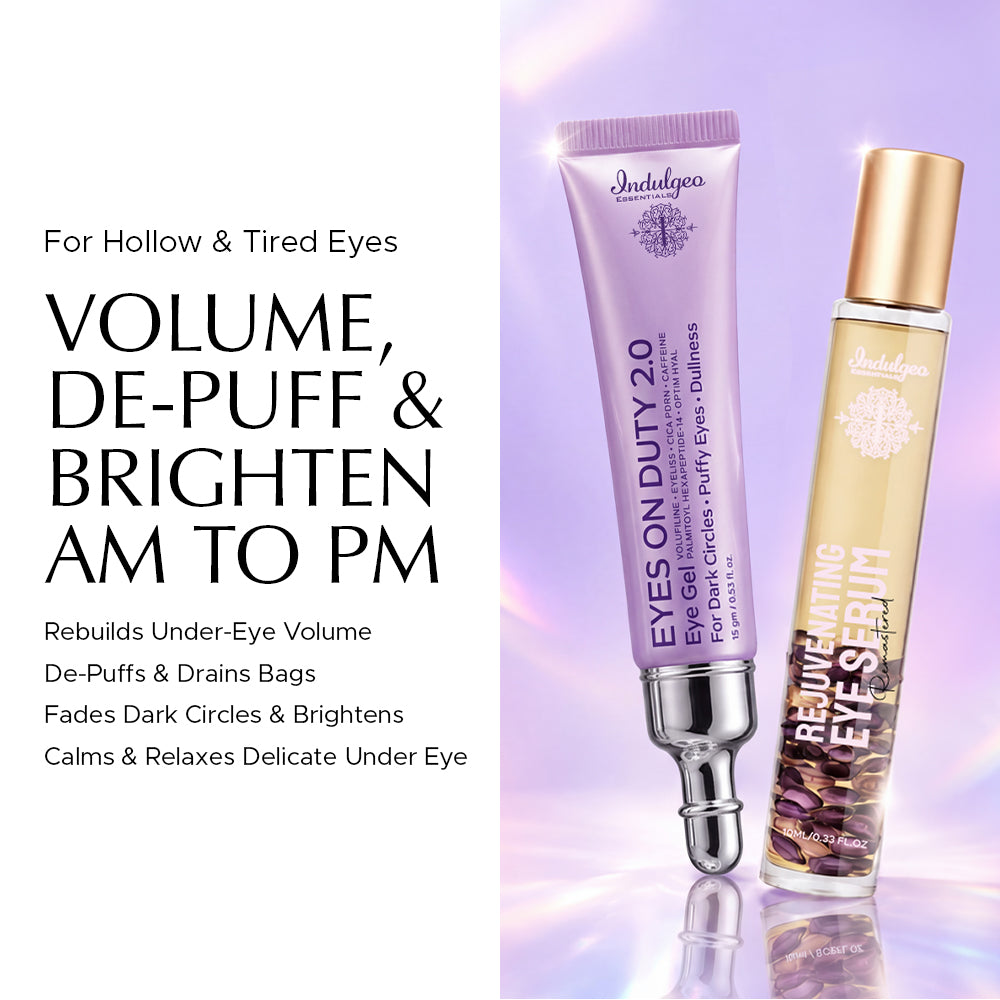 Indulgeo Essentials Eyes On Duty 2.0 gel tube and Rejuvenating Eye Serum bottle with capsules, purple and gold packaging. For Hollow & Tired Eyes-VOLUME, DE-PUFF & BRIGHTEN AM TO PM-Rebuilds Under-Eye Volume, De-Puffs & Drains Bags, Fades Dark Circles & Brightens, Calms & Relaxes Delicate Under Eye. EYES ON DUTY 2.0 Eye Gel -VOLUFILINE · EYELISS · CICA PDRN · CAFFEINE · PALMITOYL HEXAPEPTIDE-14 · OPTIM HYAL- For Dark Circles · Puffy Eyes · Dullness