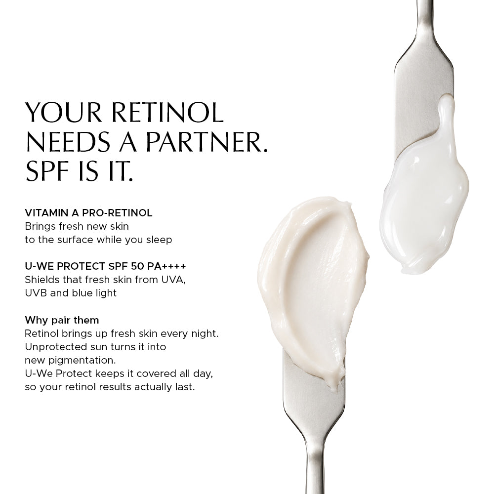Text stating Vitamin A Pro-Retinol renews skin overnight and U-We Protect SPF 50 PA++++ shields skin from UVA, UVB, and blue light. Brings fresh new skin to the surface while you sleep. Shields that fresh skin from UVA, UVB and blue light.   Why pair them: Retinol brings up fresh skin every night. Unprotected sun turns it into new pigmentation. U-We Protect keeps it covered all day, so your retinol results actually last.   