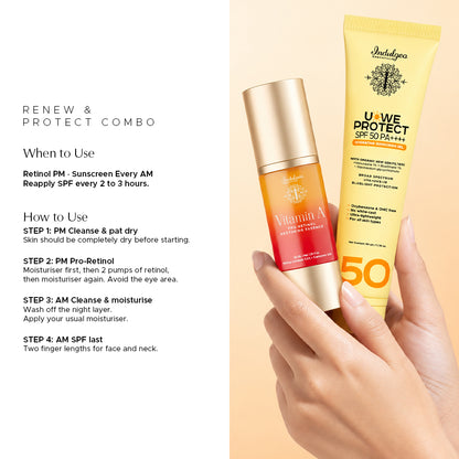 Hand holding Indulgeo Vitamin A Pro-Retinol serum bottle and U-We Protect SPF 50 PA++++ yellow sunscreen gel tube. Pro-Retinol and U-WE Protect SPF 50 routine India, how to apply retinyl linoleate and sunscreen gel, retinol sandwich method moisturiser step by step, two finger lengths sunscreen application face neck